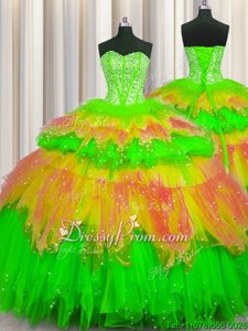 New Style Multi-color Tulle Lace Up 15th Birthday Dress Sleeveless Floor Length Beading and Ruffles and Ruffled Layers and Sequins