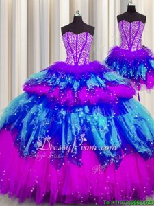 Attractive Spring and Summer and Fall and Winter Tulle Sleeveless Floor Length Quinceanera Gown andBeading and Ruffles and Ruffled Layers and Sequins