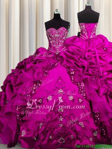 High Class Sleeveless Floor Length Beading and Embroidery and Ruffles Lace Up Sweet 16 Dresses with Fuchsia