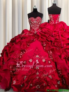 Deluxe Red Sleeveless Floor Length Beading and Appliques and Ruffles Lace Up Vestidos de Quinceanera