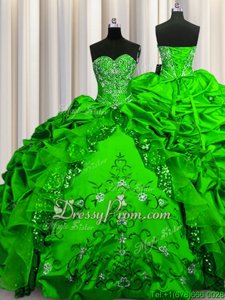 Modern Spring Green Taffeta Lace Up Sweetheart Sleeveless Floor Length Sweet 16 Dresses Beading and Embroidery and Ruffles and Pick Ups