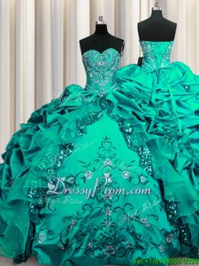 Sweet Floor Length Lace Up Quinceanera Dress Aqua Blue and In forMilitary Ball and Sweet 16 and Quinceanera withBeading and Embroidery and Ruffles and Pick Ups