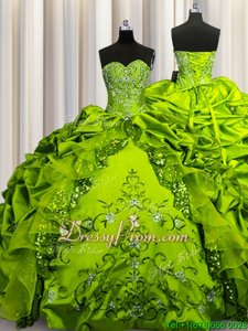 Elegant Taffeta Sweetheart Sleeveless Lace Up Beading and Embroidery and Ruffles and Pick Ups Ball Gown Prom Dress inOlive Green