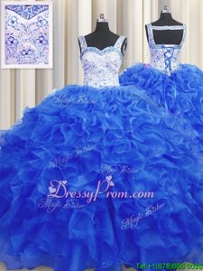 Discount Royal Blue Ball Gowns Beading Quinceanera Gowns Lace Up Organza Sleeveless Floor Length