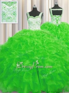Shining Beading and Ruffles Sweet 16 Dress Spring Green Lace Up Sleeveless Floor Length
