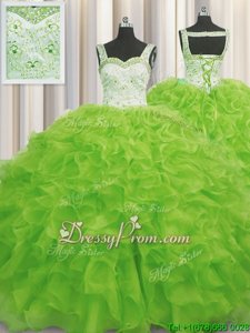 Top Selling Yellow Green Ball Gowns Straps Sleeveless Organza Floor Length Lace Up Beading and Ruffles Ball Gown Prom Dress