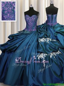 Affordable Teal Taffeta Lace Up 15th Birthday Dress Sleeveless Floor Length Beading and Appliques