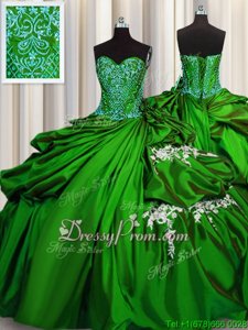 Custom Fit Sweetheart Sleeveless Lace Up Quinceanera Gowns Green Taffeta