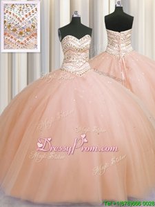 Beauteous Beading Ball Gown Prom Dress Peach Lace Up Sleeveless Floor Length