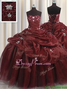 Burgundy 15th Birthday Dress Military Ball and Sweet 16 and Quinceanera and For withBeading and Appliques and Pick Ups Sweetheart Sleeveless Lace Up