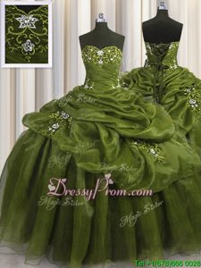 Custom Design Olive Green Lace Up Quinceanera Dress Beading and Appliques and Pick Ups Sleeveless Floor Length