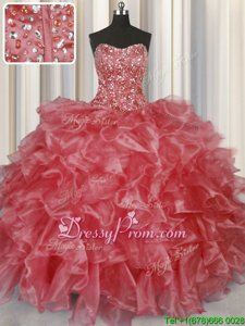 Floor Length Coral Red Quince Ball Gowns Strapless Sleeveless Lace Up