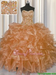 Artistic Organza Strapless Sleeveless Lace Up Beading and Ruffles Quinceanera Dress inOrange