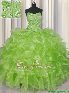 Pretty Sleeveless Lace Up Floor Length Beading and Ruffles Quinceanera Gown