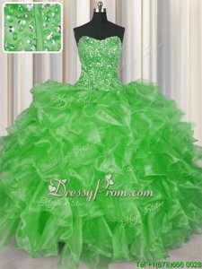 Best Spring Green Ball Gowns Organza Strapless Sleeveless Beading and Ruffles Floor Length Lace Up Quinceanera Gown