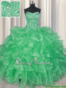 Sweet Apple Green Ball Gowns Organza Strapless Sleeveless Beading and Ruffles Floor Length Lace Up Sweet 16 Dress