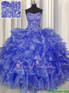 Blue Ball Gowns Beading and Ruffles Vestidos de Quinceanera Lace Up Organza Sleeveless Floor Length