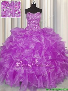 Fashion Purple Strapless Lace Up Beading and Ruffles Quince Ball Gowns Sleeveless