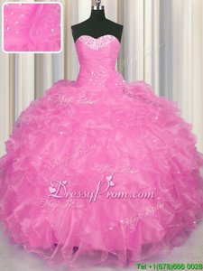 Pretty Sleeveless Floor Length Beading and Ruffles Lace Up Quince Ball Gowns with Rose Pink