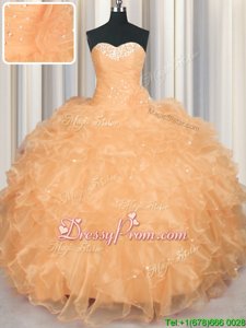 Hot Selling Orange Lace Up Quinceanera Dress Beading and Ruffles Sleeveless Floor Length