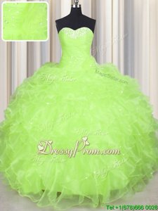 Elegant Sleeveless Organza Floor Length Lace Up Sweet 16 Quinceanera Dress inYellow Green forSpring and Summer and Fall and Winter withBeading and Ruffles