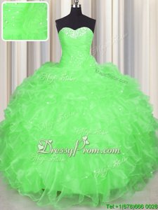 Lovely Spring Green Sleeveless Beading and Ruffles Floor Length Quinceanera Gown