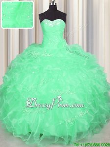 Excellent Apple Green Ball Gowns Beading and Ruffles Sweet 16 Dresses Lace Up Organza Sleeveless Floor Length