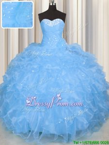 High End Baby Blue Ball Gowns Sweetheart Sleeveless Organza Floor Length Lace Up Beading and Ruffles Quinceanera Dress