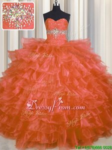 Traditional Floor Length Orange Ball Gown Prom Dress Organza Sleeveless Spring and Summer and Fall and Winter Beading and Ruffled Layers