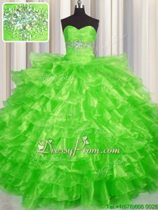 Cheap Spring Green Organza Lace Up Sweetheart Sleeveless Floor Length Quinceanera Gowns Beading and Ruffled Layers