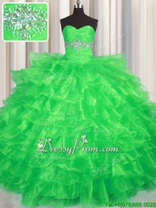 Spectacular Green Sleeveless Floor Length Beading and Ruffled Layers Lace Up Quinceanera Gowns