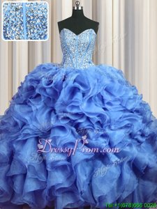 Artistic Sweetheart Sleeveless Sweet 16 Dresses With Brush Train Beading and Ruffles Baby Blue Organza
