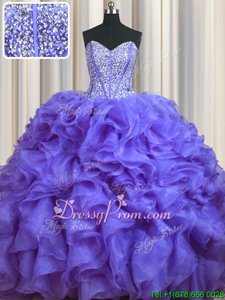 Fine Lavender Sleeveless Brush Train Beading and Ruffles With Train Quinceanera Dresses