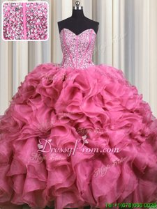 Flirting Rose Pink Sleeveless Organza Brush Train Lace Up Quinceanera Dresses forMilitary Ball and Sweet 16 and Quinceanera