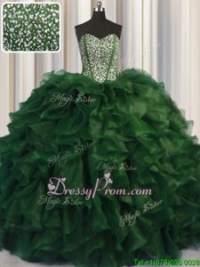 Noble With Train Green 15 Quinceanera Dress Organza Brush Train Sleeveless Spring and Summer and Fall and Winter Beading