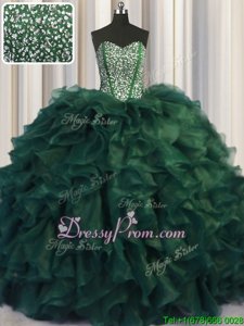 Admirable Dark Green Lace Up Quince Ball Gowns Beading and Ruffles Sleeveless With Brush Train