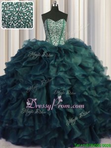 Stunning Peacock Green Organza Lace Up Sweetheart Sleeveless With Train 15th Birthday Dress Brush Train Beading and Ruffles