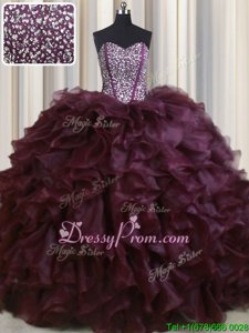 Beauteous Burgundy Ball Gowns Organza Sweetheart Sleeveless Beading and Ruffles With Train Lace Up Sweet 16 Quinceanera Dress Brush Train