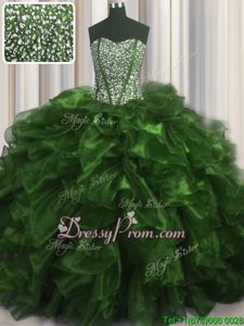 Extravagant With Train Ball Gowns Sleeveless Olive Green Vestidos de Quinceanera Brush Train Lace Up