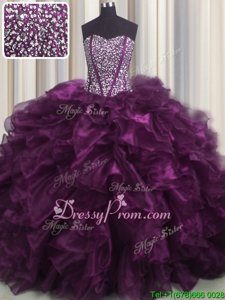 Stunning Eggplant Purple Lace Up Sweetheart Beading and Ruffles Sweet 16 Dresses Organza Sleeveless Brush Train
