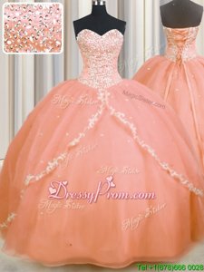 Sleeveless With Train Beading and Appliques Lace Up Quince Ball Gowns with Orange Brush Train