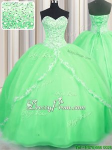 Top Selling Sweetheart Sleeveless Organza Quinceanera Dresses Beading and Appliques Brush Train Lace Up
