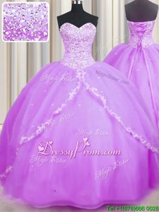 Exquisite Beading and Appliques Sweet 16 Quinceanera Dress Lilac Lace Up Sleeveless With Brush Train