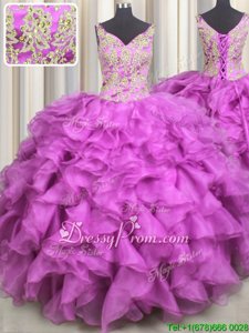 Great Sleeveless Organza Floor Length Lace Up Quinceanera Gown inFuchsia forSpring and Summer and Fall and Winter withBeading and Ruffles