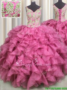 Attractive Rose Pink Sleeveless Organza Lace Up Sweet 16 Quinceanera Dress forMilitary Ball and Sweet 16 and Quinceanera