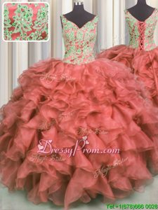 Ball Gowns Quinceanera Gowns Coral Red V-neck Organza Sleeveless High Low Lace Up