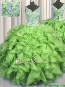 Customized V-neck Sleeveless Lace Up Quinceanera Gown Spring Green Organza