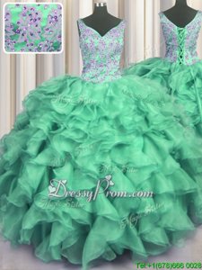 Superior Turquoise Quinceanera Gown Military Ball and Sweet 16 and Quinceanera and For withBeading and Ruffles V-neck Sleeveless Lace Up