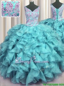 Wonderful V-neck Sleeveless Organza Quinceanera Gown Appliques and Ruffled Layers Lace Up