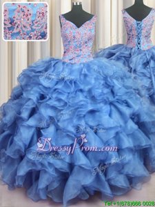 Baby Blue Organza Lace Up V-neck Sleeveless Floor Length 15 Quinceanera Dress Appliques and Ruffled Layers